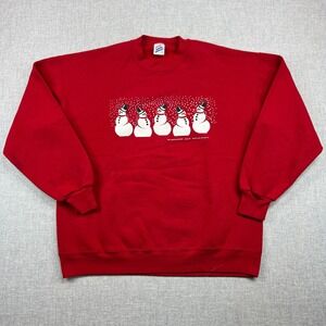 Vintage 90s‎ Jerzees Snowman Sweatshirt XL Red Christmas Holiday Winter Crew USA